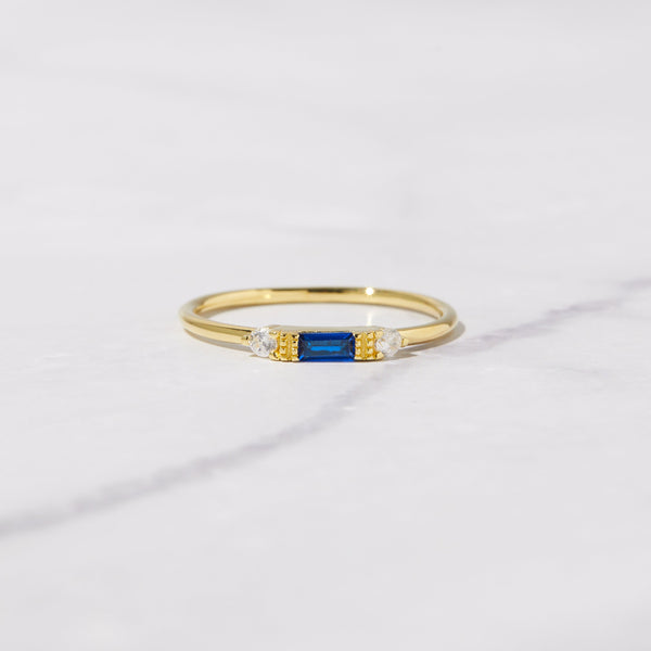 Sapphire Blue Emerald Baguette Ring