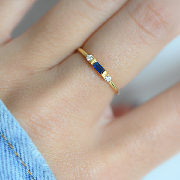 Sapphire Blue Emerald Baguette Ring